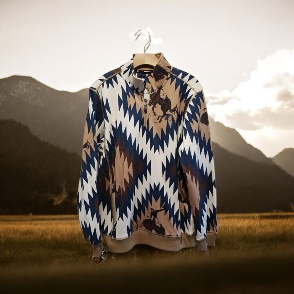 Rank 45 Men's‎ Med Rodeo Southwestern Color Block 1/4 Zip Fleece Pullover NWOT